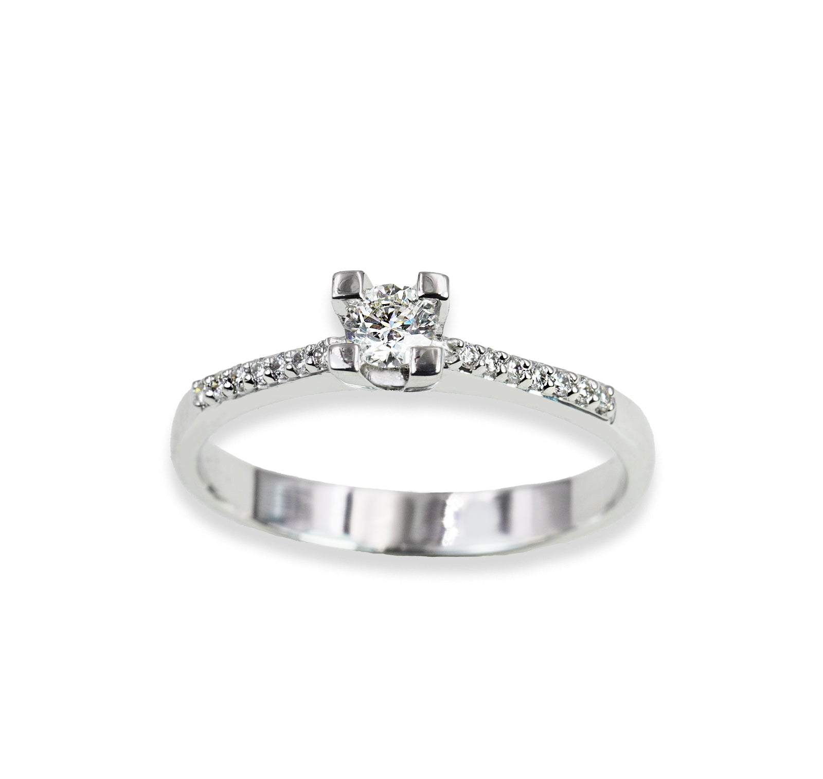 Anello Solitario Lineare in Oro Bianco 18K con Diamanti –