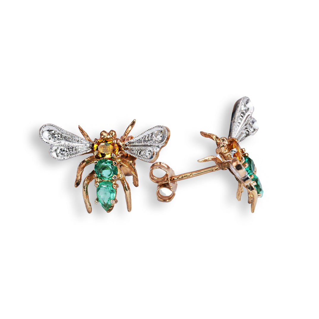 Orecchini Libellula in Oro e Argento con Diamanti Naturali e Smeraldi Lab