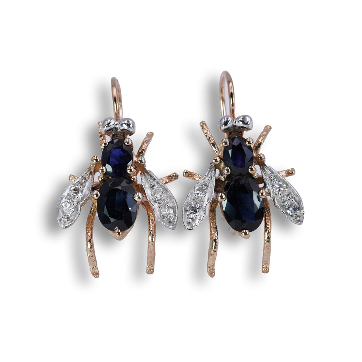 Orecchini " Mosca Pendenti " in Oro Rosa 9K e Argento con Zaffiri Naturali e Diamanti