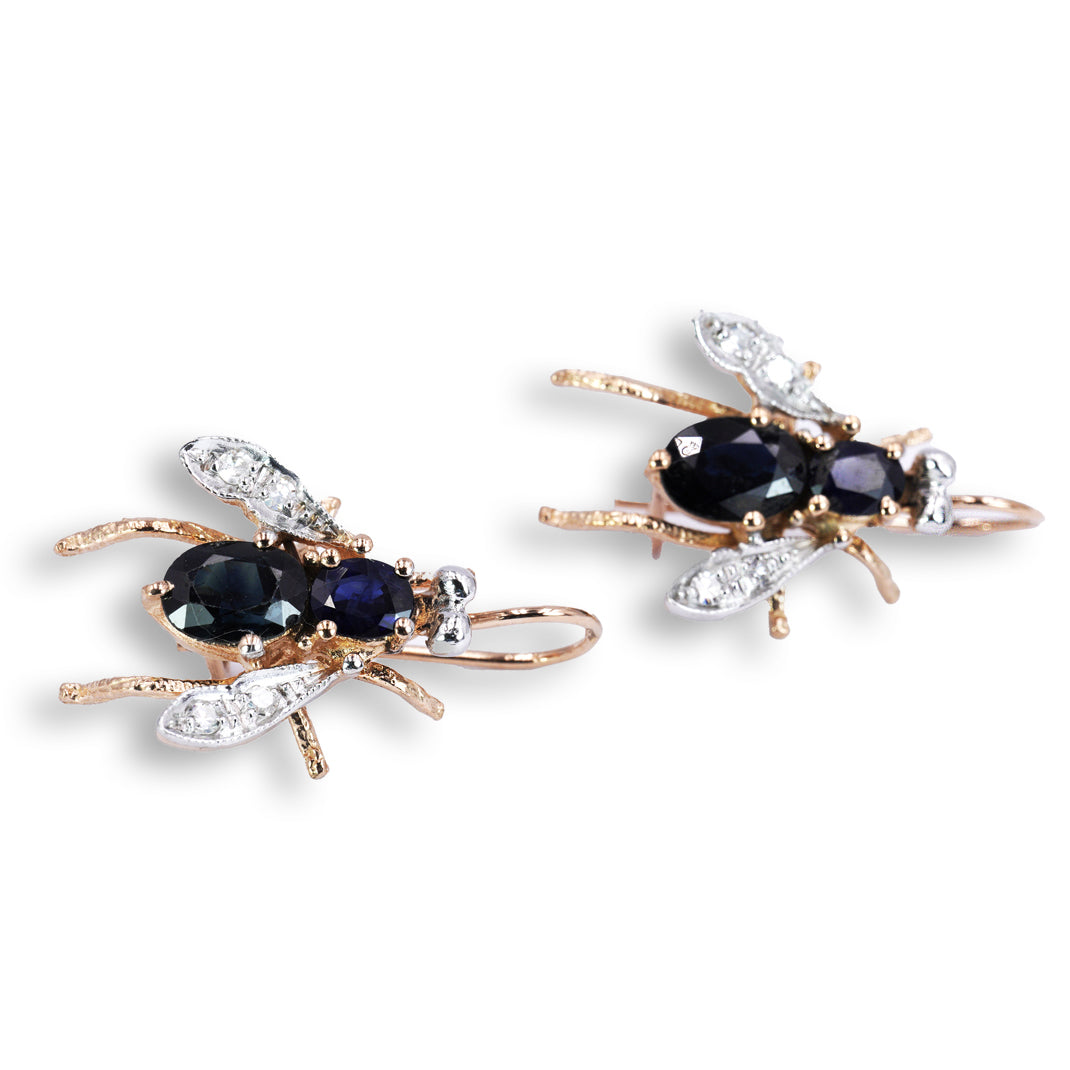 Orecchini " Mosca Pendenti " in Oro Rosa 9K e Argento con Zaffiri Naturali e Diamanti