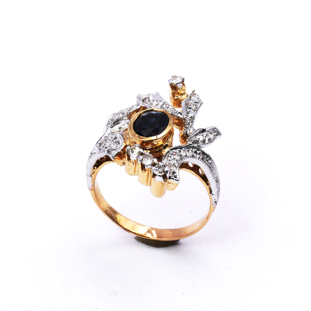 Anello in Oro Rosa e Argento con Zaffiro Naturale e Diamanti