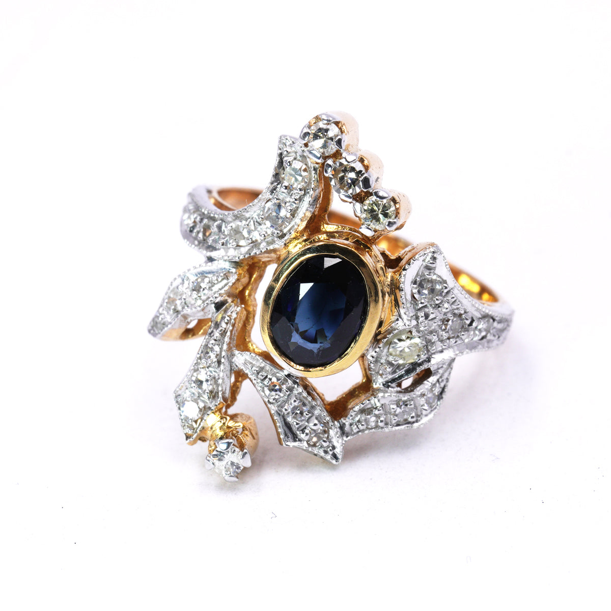 Anello in Oro Rosa e Argento con Zaffiro Naturale e Diamanti