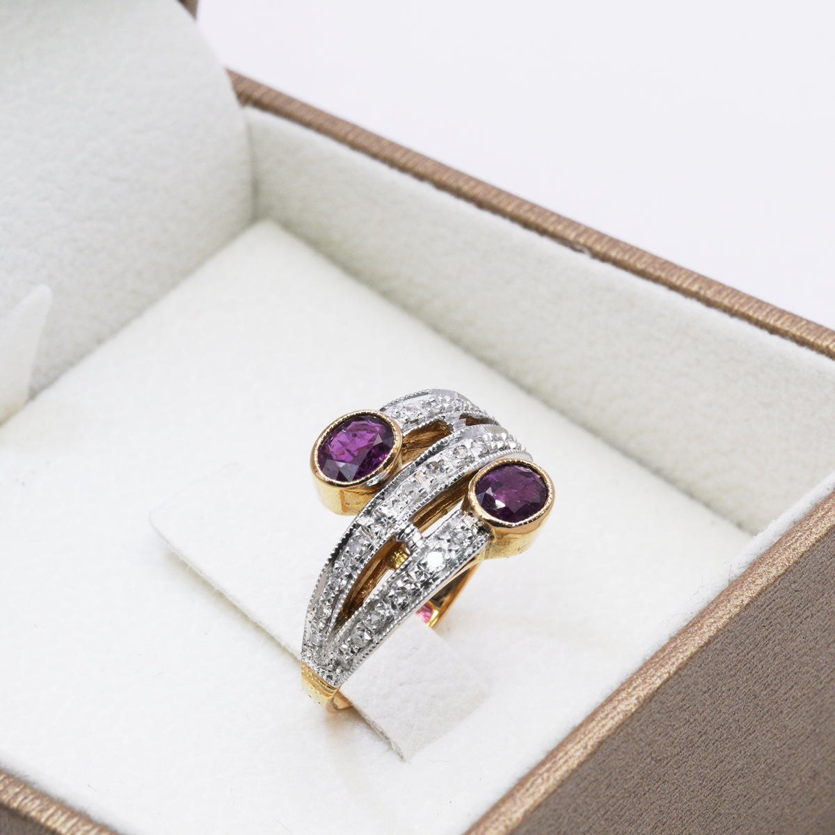 Anello Oro rosa e Argento con Diamanti e Rubini Naturali