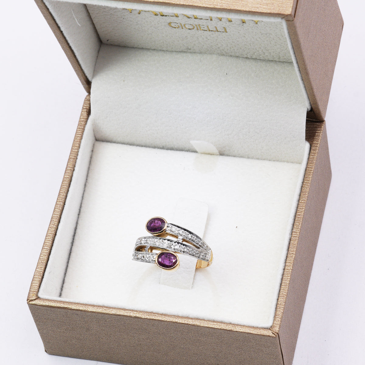 Anello Oro rosa e Argento con Diamanti e Rubini Naturali