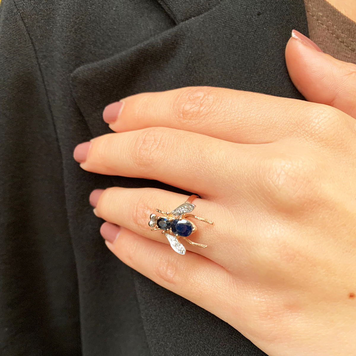 Anello " Mosca "in Oro Rosa 9K e Argento con Zaffiri Naturali e Diamanti