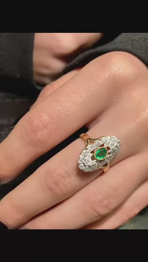 Anello artigianale in Oro 9K e Argento con Smeraldi Lab e Diamanti naturali