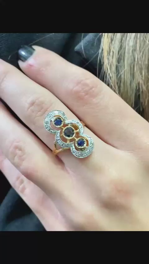 Anello Spoletta in Oro Rosa e Argento con Zaffiri Naturali e Diamanti