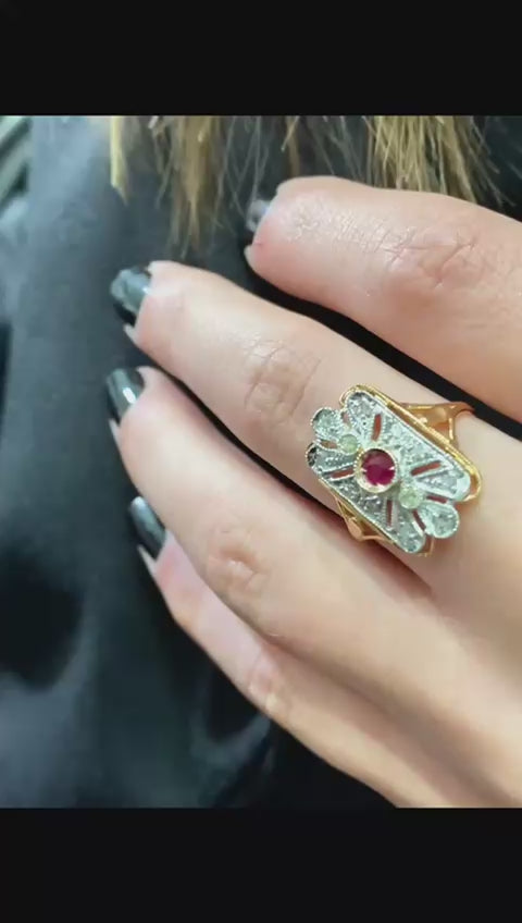 Anello Spoletta in Oro Rosa e Argento con Rubino e Diamanti
